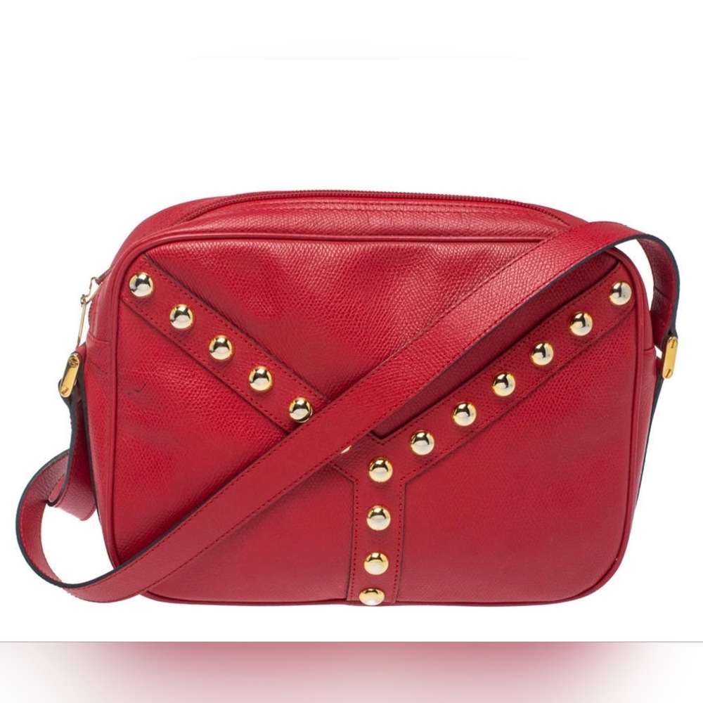 Authentic YVES ST LAURENT 1980, Vintage "Y", Red  Studded Crossbody Purse.